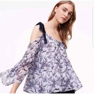LOFT Blue Floral Off The Shoulder Top Velvet Bow Tie Blouse MEDIUM‎ Petite